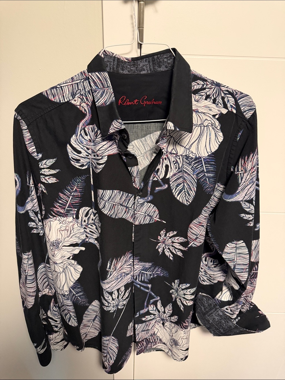 Robert Graham Black Button-Down with White and Blue Floral Leaves (Classic Fit)